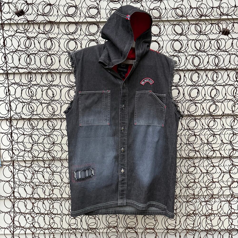 Bugle Boy Shirt Hoodie Raw Seams Sleeveless Black Denim Grunge Punk Biker MEDIUM